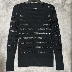 Express Sequin Striped Sweater Womens Small‎ Black V-Neck Ribbed Knit Pullover